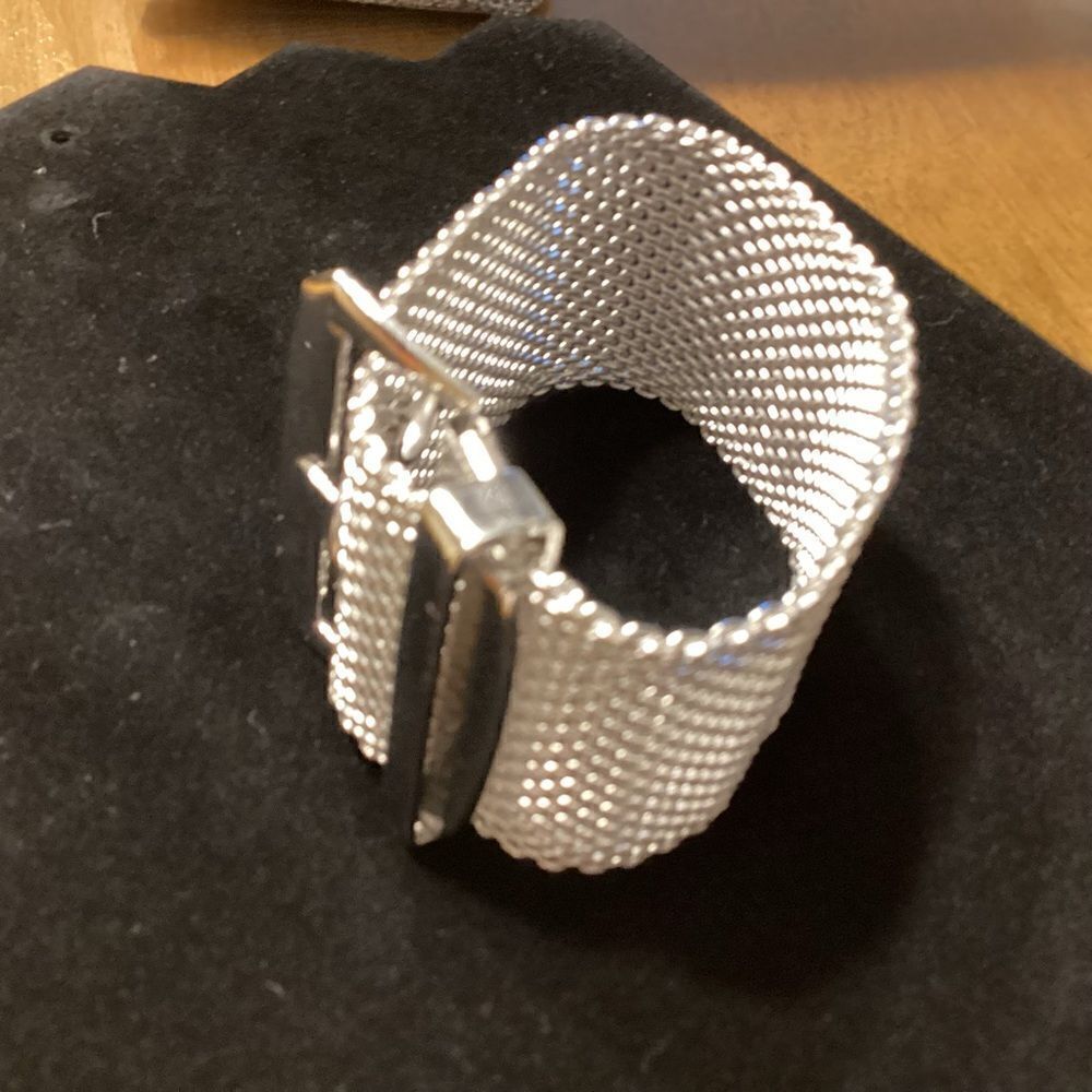 Wide Shiny Silvertone Mesh Buckle Bracelet - Picture 5 of 6